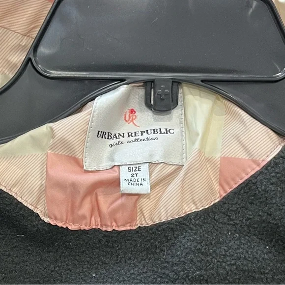 Urban Republic Kids Hooded Puffer Jacket in Pink and Cream Checkered Pattern - Picture 3 of 6